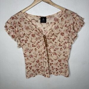 Vintage Y2K Anxiety Cafe Floral Ruffle Sleeve Mesh T-Shirt Romantic Feminine Top